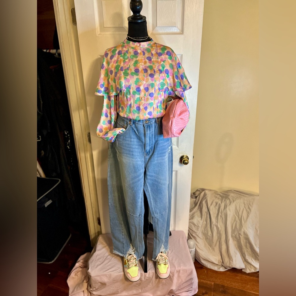Women’s Pastel Colored Satin Pixie Cape Confetti Dots Blouse Medium